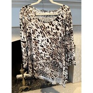 Chico’s 3 / XL Animal Print Asymmetrical Hem Top Beige Brown Zebra Leopard